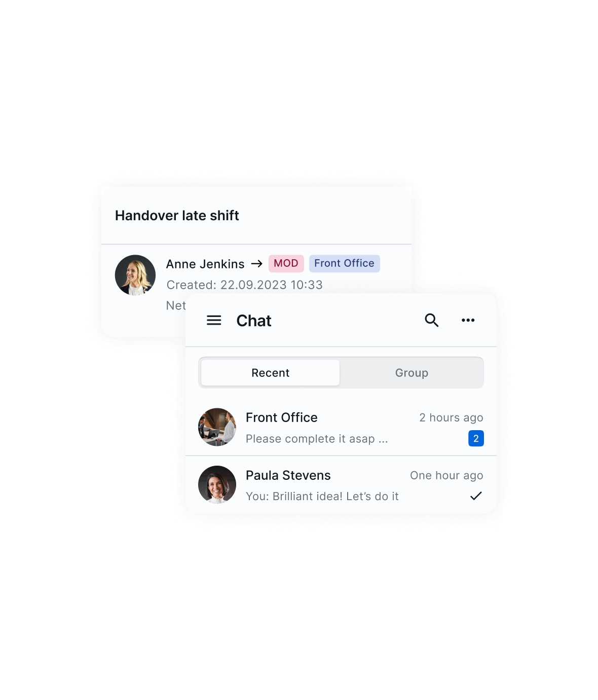 2 hotelkit interface screens displaying a late shift handover and a chat overview
